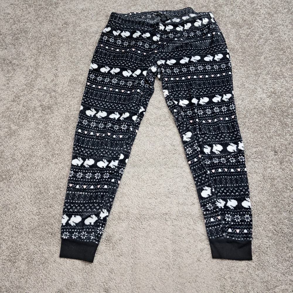 Joe Boxer Womens XL Pajama Pants Black Fair‎ Isle Rabbit Fleece Joggers
